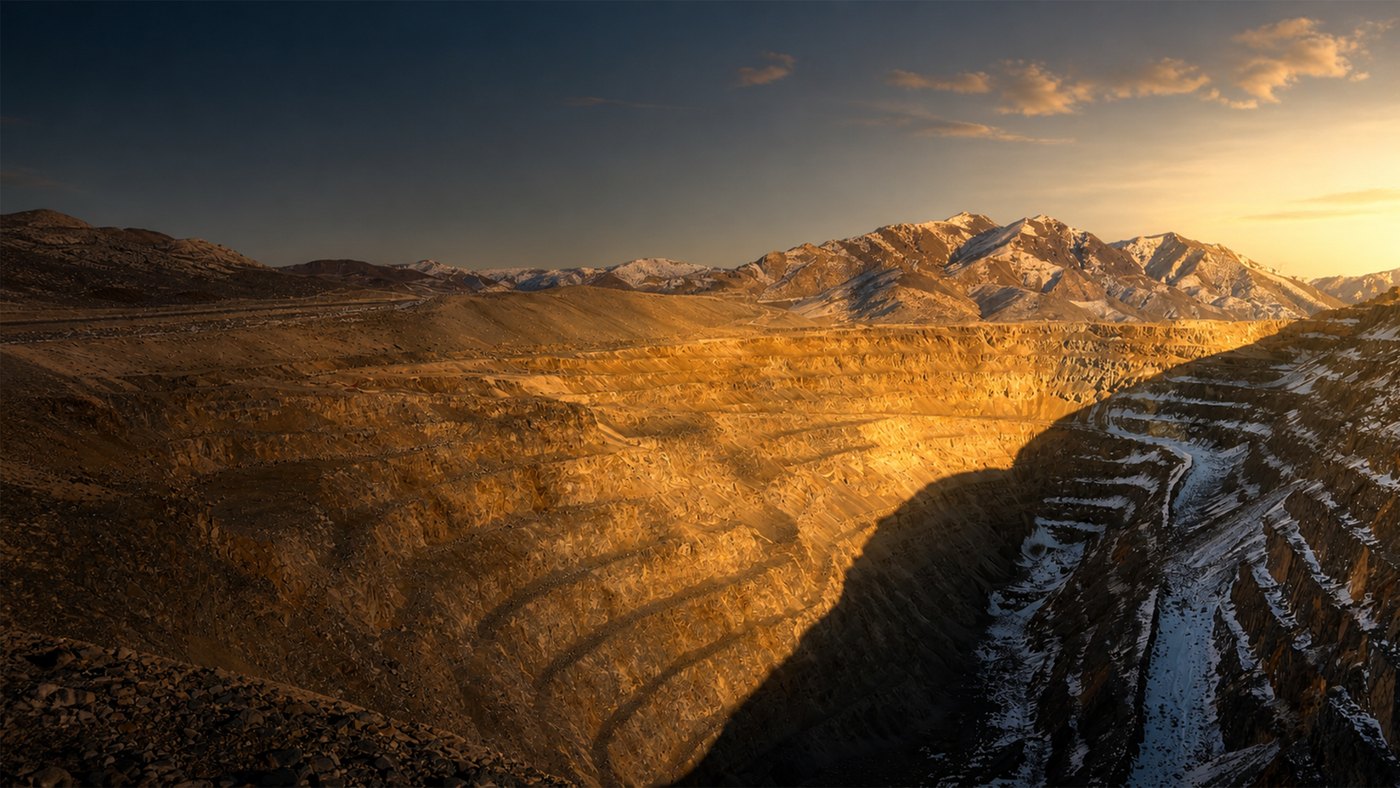 The historic Santa Fe open pits and Nevada mountains at sunset