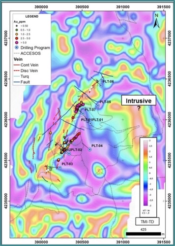 Ground magnetic map of the Moho Structural Corridor showing veins, faults and drilling
